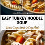 Close-up of steaming homemade turkey noodle soup with pasta and veggies, an easy Thanksgiving Turkey Soup idea.